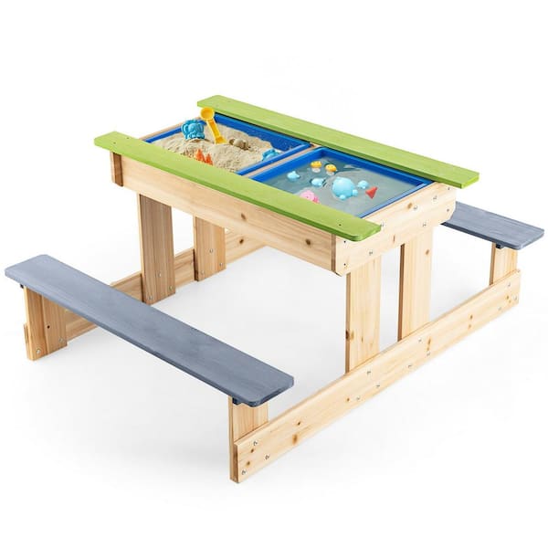 Gymax 3-in-1 Kids Picnic Table Outdoor Wooden Water Sand Table with Play Boxes