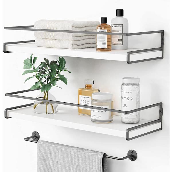 16.5 in. W x 6 in. D Grey Wood Floating Bathroom Shelves Wall Mounted with Wire Basket Decorative Wall Shelf