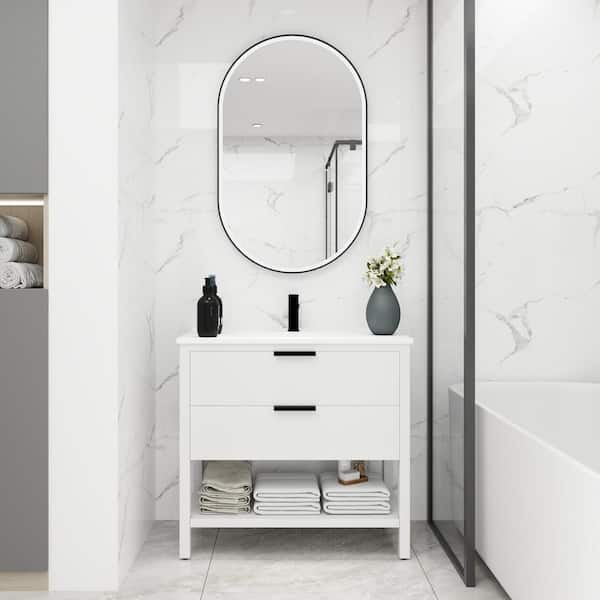 ANTFURN 18.30 in. W x 35.90 in. D x 33.50 x in. H Single Sink Freestanding Bath Vanity in white with white Wood Top