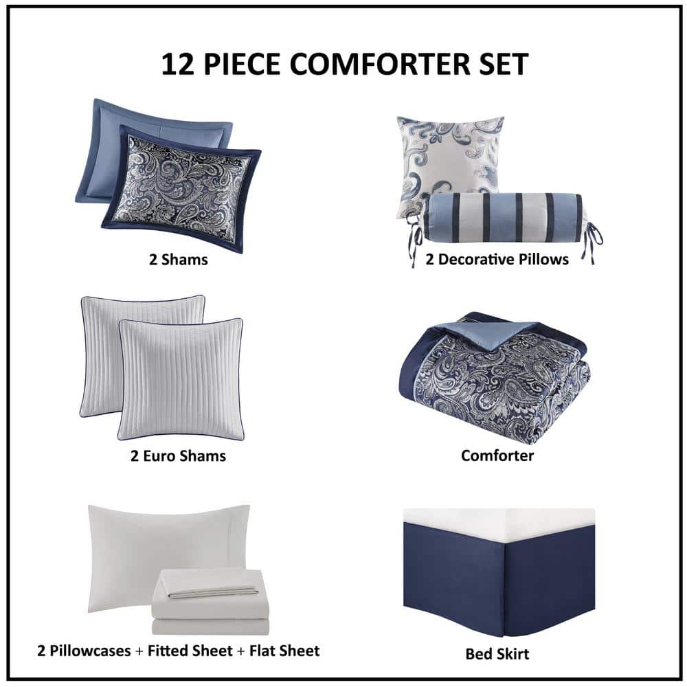 Navy Jacquard Cotton Queen 12-Piece Bedding Set
