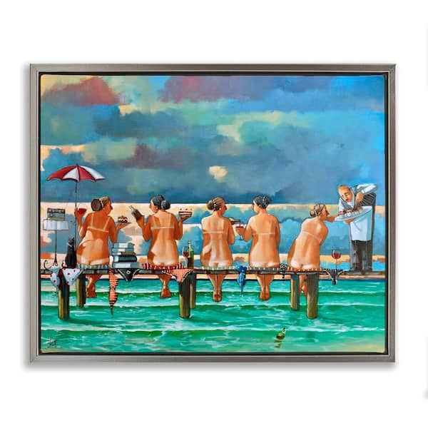 Stupell Industries Women on Dock with Tan Lines by Ronald West 1-Piece Gray Floater Frame People Graphic Art Print 17 in. x 21 in.