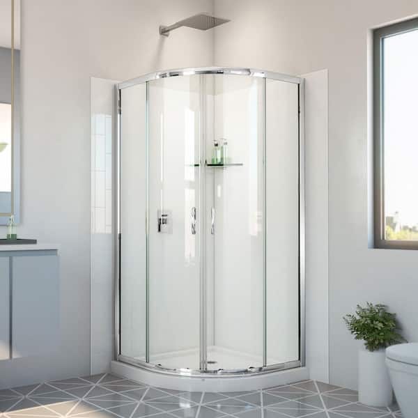 DreamLine Prime 8 in. W x 38 in. D x 78-3/4 in. H Sliding Corner Shower Kit Base and White Wall in Chrome and Clear Glass