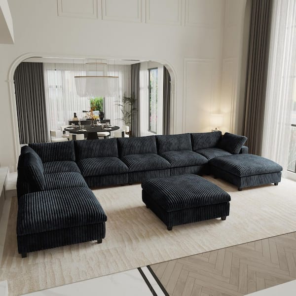 Down Filled Oversized 197 in. Square Arm Velvet U-Shaped Oversized Deep Seat Modular Sofa with Ottomans in Gray