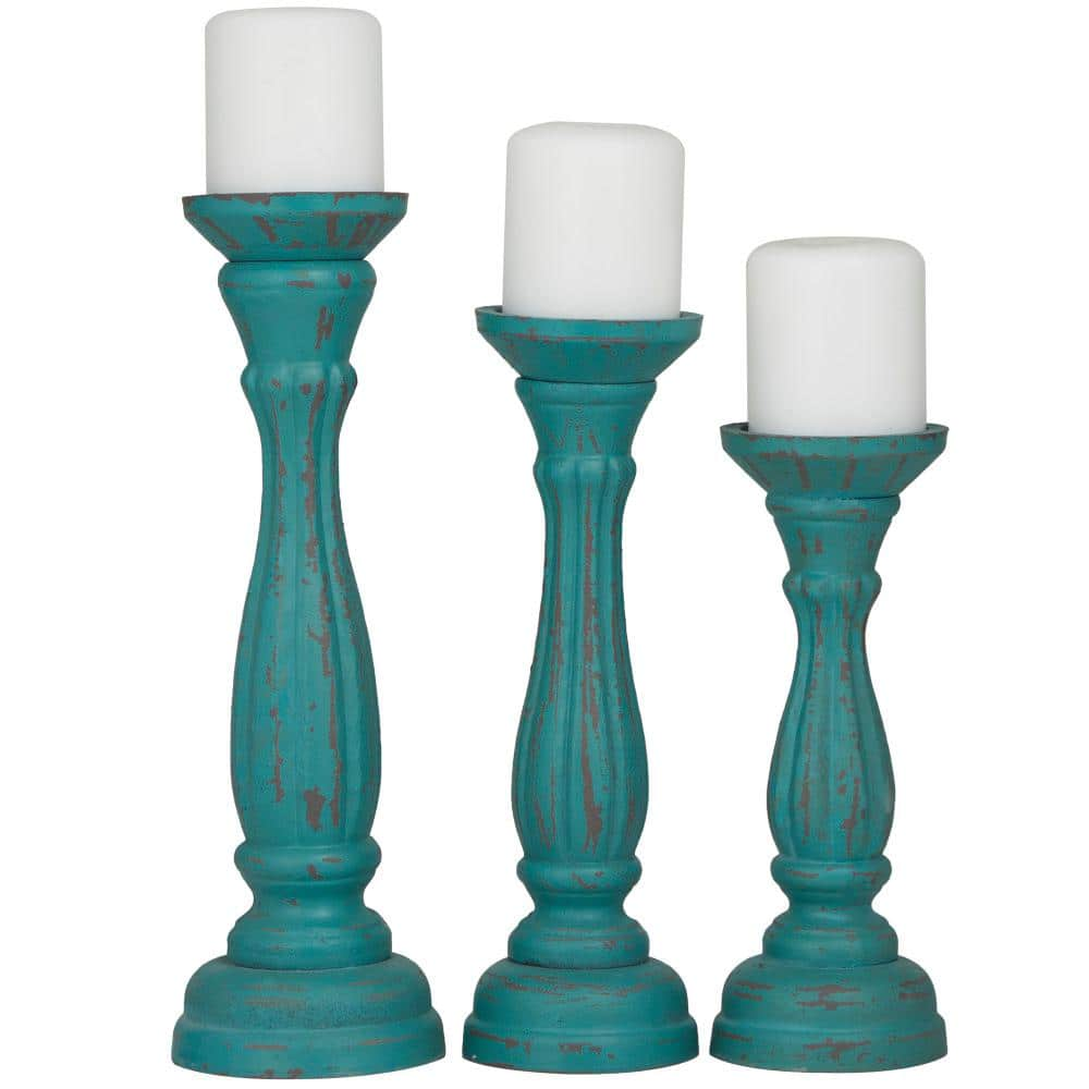 Litton Lane Blue Wood Distressed Candle Holder (Set of 3) 98765