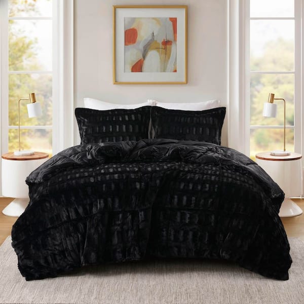 3-Piece King/Cal King Black Soft Stylish Brushed Long Faux Fur