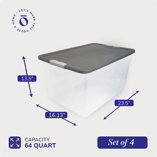 HOMZ 64 qt. Secure Latching Large Plastic Storage Bin with Gray