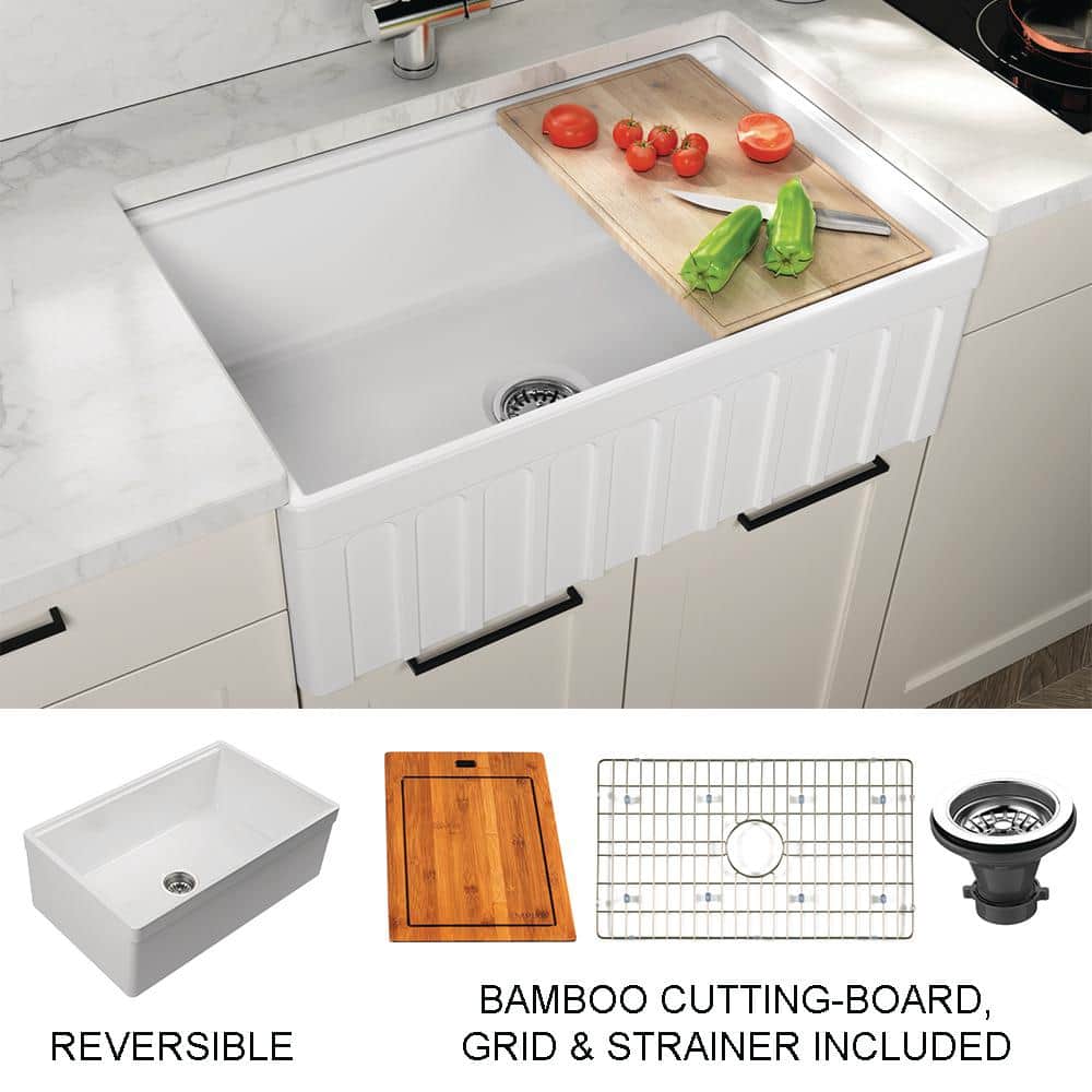 Empire Industries Yorkshire Farmhouse Fireclay 33 in. Single Bowl Kitchen Sink with Cutting-Board, Grid and Strainer in White -  YO33S