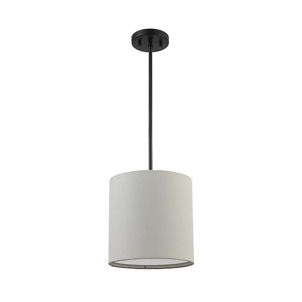 10 in. 1-Light Black Drum Pendant Light Fixture with Linen Shade