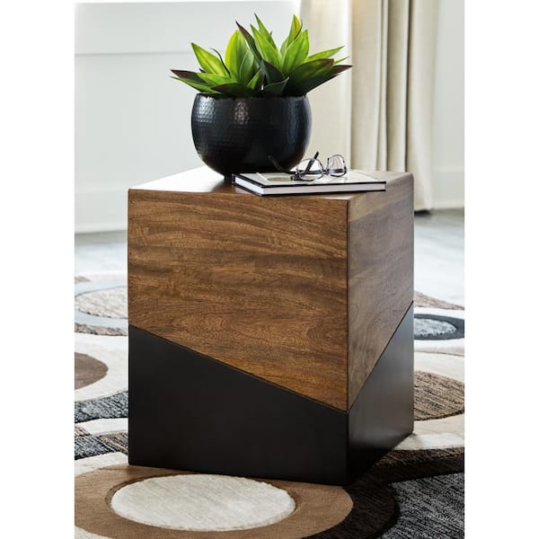 Signature DESIGN BY ASHLEY Trailbend 15 in. Brown/Black Square Wood Accent End Table with Pedestal Base