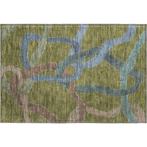 Mayfield Premium Machine Washable Abstract AMF2394 Olive 3 ft. x 4 ft. Area Rug