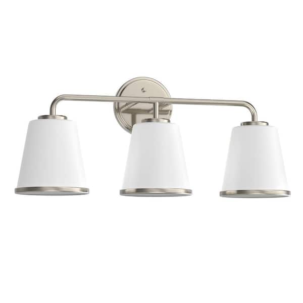 23 in. 3-Light Brushed Nickel Vanity Light with Bell White Glass for Bathroom, Dressing Room or Powder Room