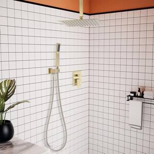 Single-Handle 2-Spray 16 in. Ceiling Mount Rainfall Shower Heads 360° Swivel with Hand Shower Faucet in Brushed Gold