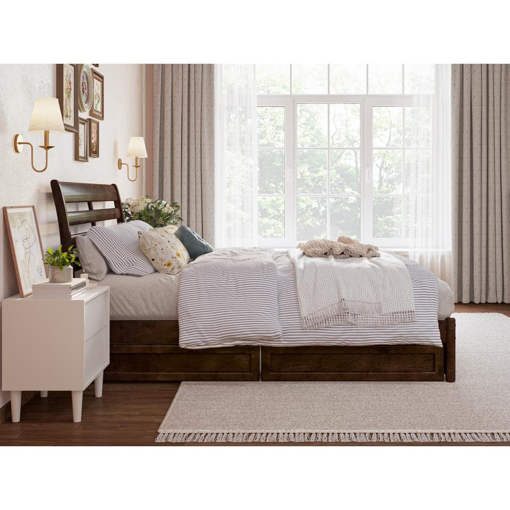 Emelie Full Walnut Wood Platform Bed with Storage Drawers
