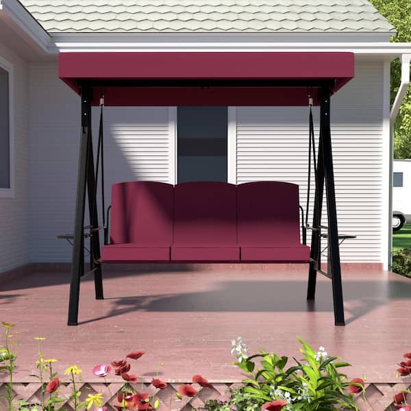 VEIKOUS 3-Person Metal Patio Swing Chair With Converting Canopy Porch Swing With Detachable Cushion and Side Trays, Wine Red