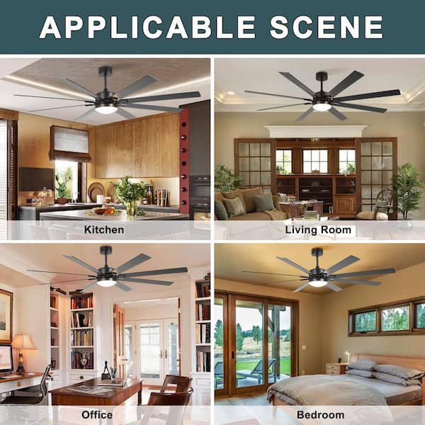 72 in. Black Indoor Downrod Mount Ceiling Fan with Light Remote Control, 8 Blade Ceiling Fans 6 Speed Levels