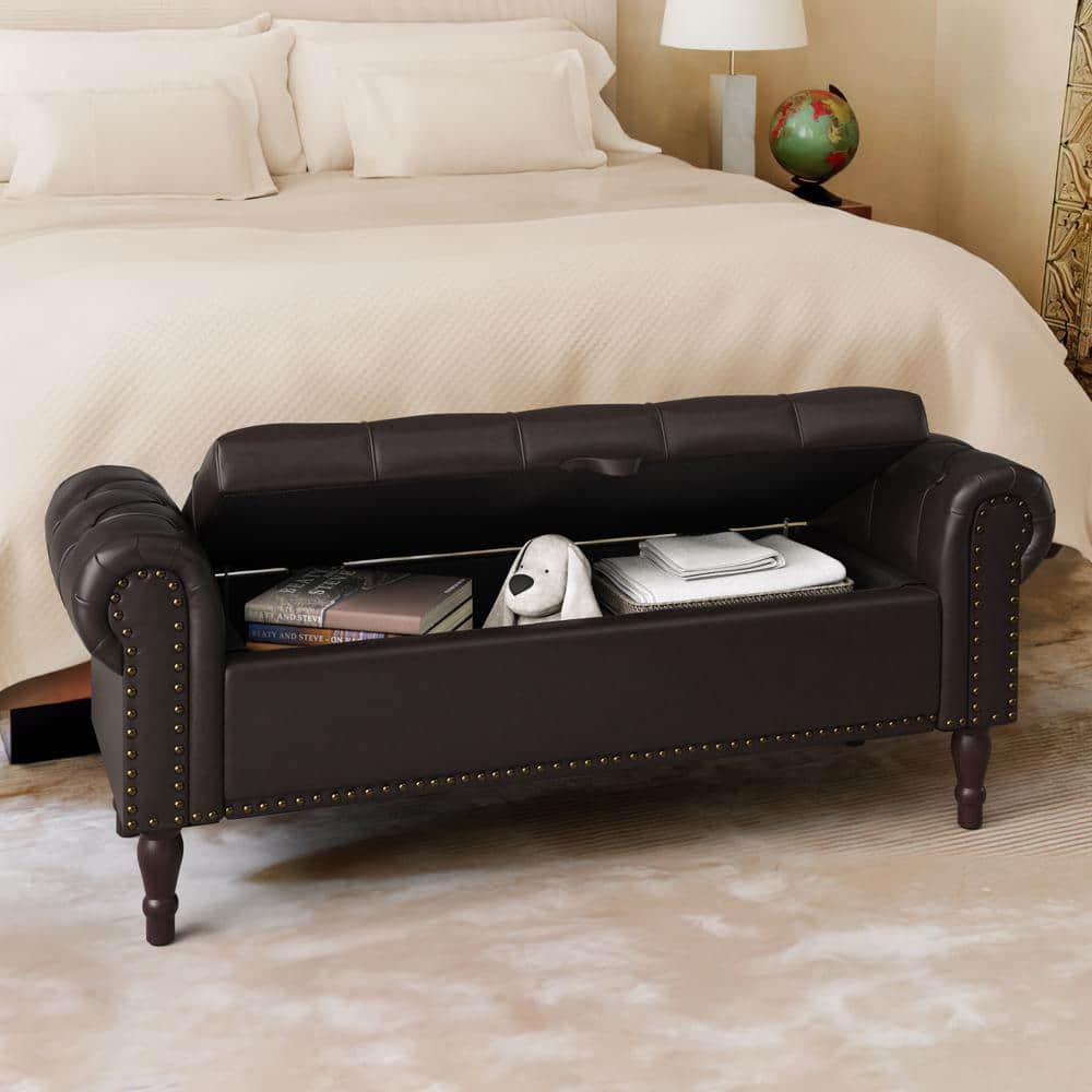 Cerella 50 in.Dark Brown Faux Leather Upholstered Storage Bedroom Bench Rolled Arm Button Tufted Storage Ottoman
