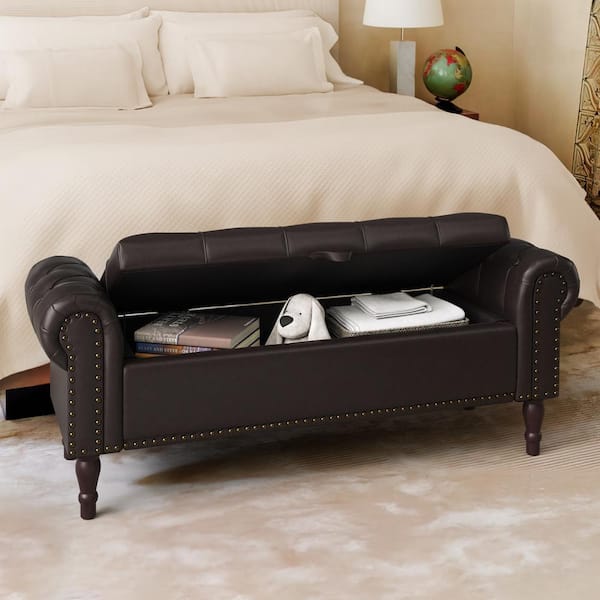 Cerella 50 in.Dark Brown Faux Leather Upholstered Storage Bedroom Bench Rolled Arm Button Tufted Storage Ottoman