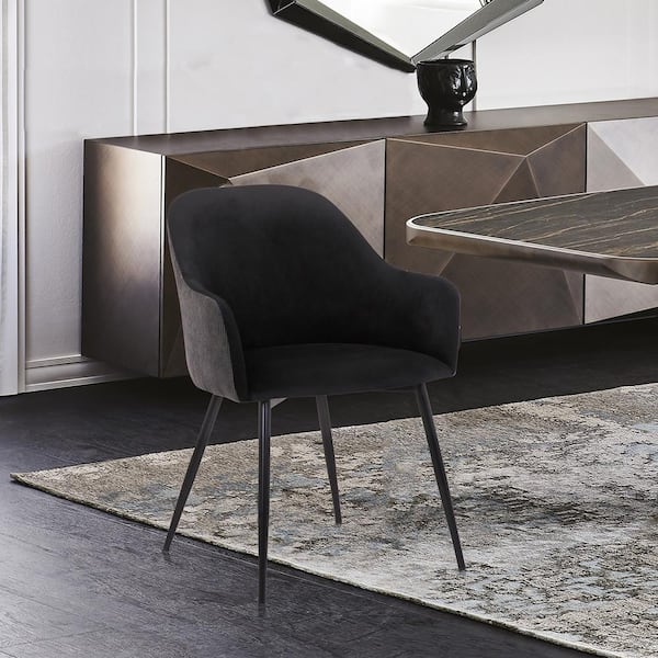 Armen Living Pixie Black and Dark Grey Fabric Dining Room Arm Chair with Black Metal Legs