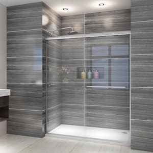 54 in. W x 72 in. H Sliding Semi Frameless Shower Door in Brushed Nickel with Clear Glass