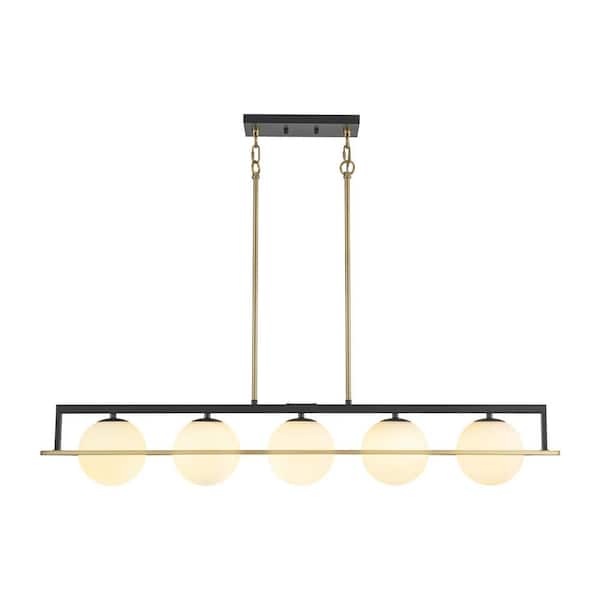 Rennnsan Zeline 5-Light Modern Industrial Black and Gold Linear Pendant Light with Frosted Glass Shade