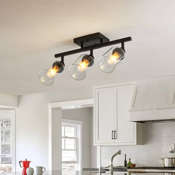 20 in.  3-Light Matte Black Hard Wired Track Lighting, Ceiling Spotlight w/ Clear Cylinder Glass Shades, Less Than 2 ft.
