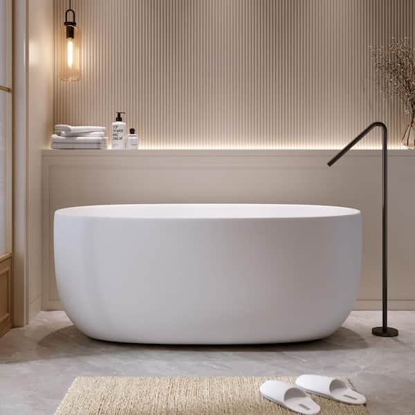 Moray 47 in. x 25 in. Solid Surface Stone Resin Flatbottom Freestanding Double Slipper Soaking Bathtub in Matte White