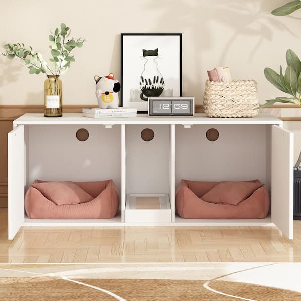 Litter Box Enclosure With Two Sisal Doors, Wooden Hidden Cat Litter Box Washroom Storage Cabinet Bench End Table