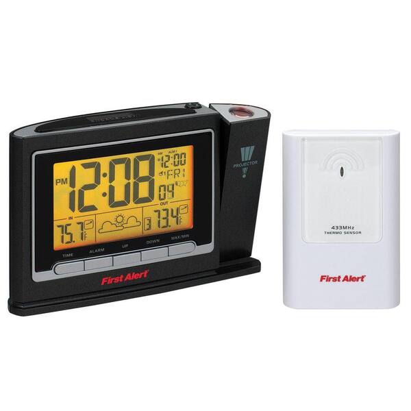 First Alert Radio Controlled Weather Station Projection Clock with Wireless Sensor