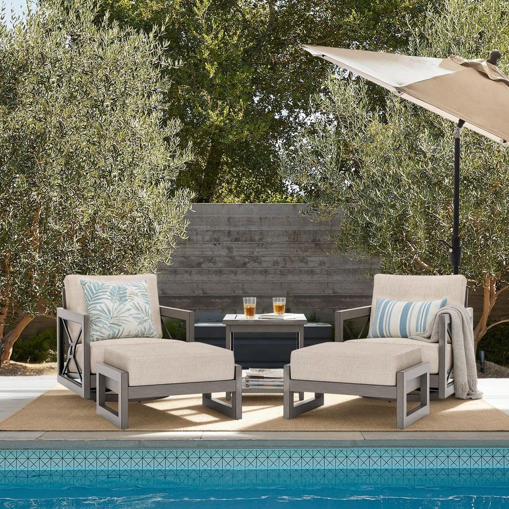 Marindo 5-Piece Swivel Aluminum Patio Conversation Set with Echo Dune Cushions and Ottomans
