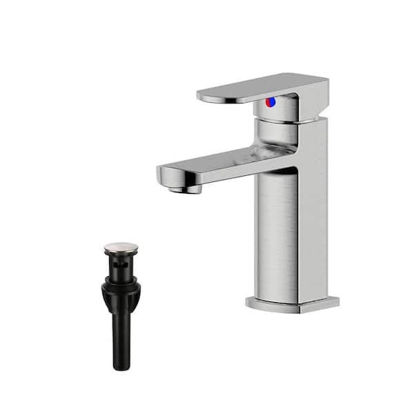 UPIKER Modern Single Handle Single Hole Brass Bathroom Faucet with Push-up Pop-up Drain in Brushed Nickel