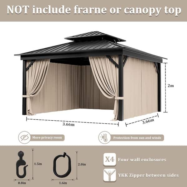 12 ft. x 12 ft. Universal Outdoor Privacy Curtains, Gazebo Curtain Replacement with Zipper Khaki (4-Side Curtain Only)