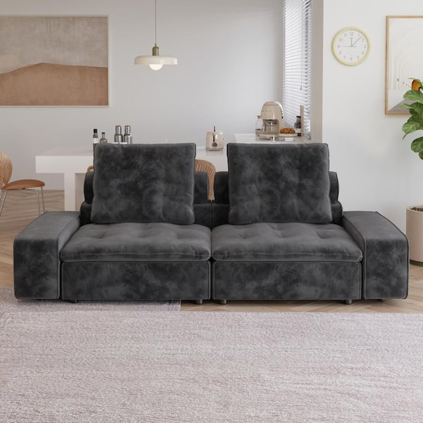 J&E Home 102 in Wide Square Arm Velvet Modular Deep Seat Loveseat Sofa Couch in. Gray
