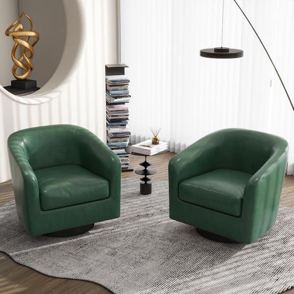 Uixe Modern Green PU Leather Upholstered 360° Swivel Accent Arm Chair With Wood Base(Set of 2)