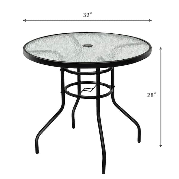 32 in. Black Outdoor Bistro Table with Tempered Glass Top and 2 in. Convenient Umbrella Hole