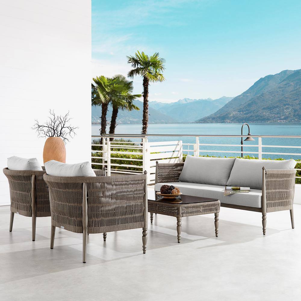 Safari Brown Aluminum and Rope Outdoor Sofa with Gray Cushions