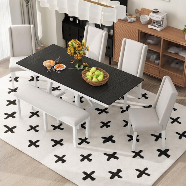 Harper & Bright Designs 6 Piece White and Black Wood Dining Set with 12 ...