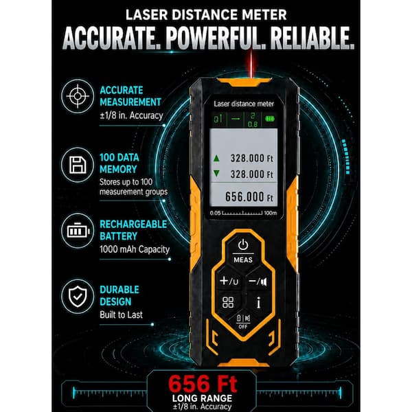 656 ft. Bidirectional Laser Distance Measure with Multi-Modes, Rechargeable Battery and Auto-Rotating Display