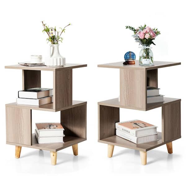 Gymax 2-Piece Grey Nightstand Set Modern Side End Table Wood Legs Storage Shelf 25 in. H x 12.5 in. W x 12.5 in. D