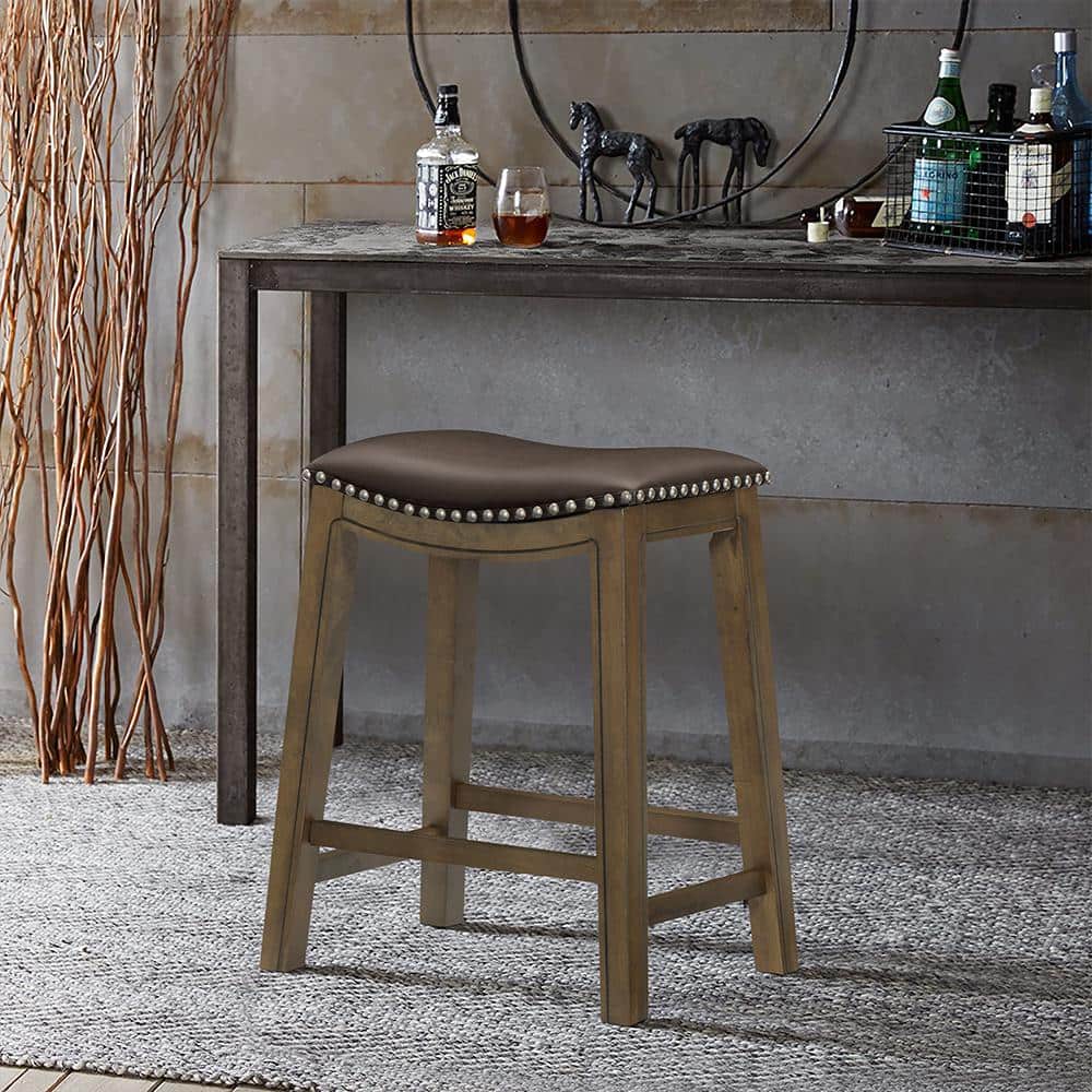 Brown Faux Leather Saddle Seat Counter Stool with Nailhead Trim