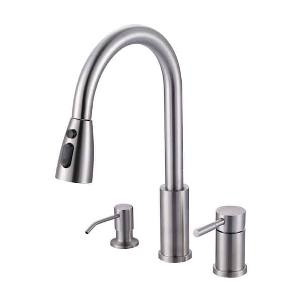 15 in. H Single Handle Pull Down Kitchen Faucet with 360 Degree Spout Swivel and Soap Dispenser in Brushed Nickel﻿