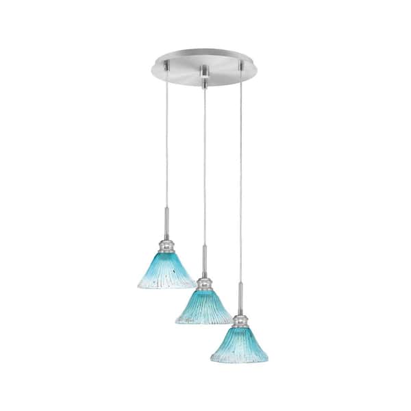 Unbranded Albany 60-Watt 14 in. 3-Light Brushed Nickel Cord Pendant Light Teal Crystal Glass Shade