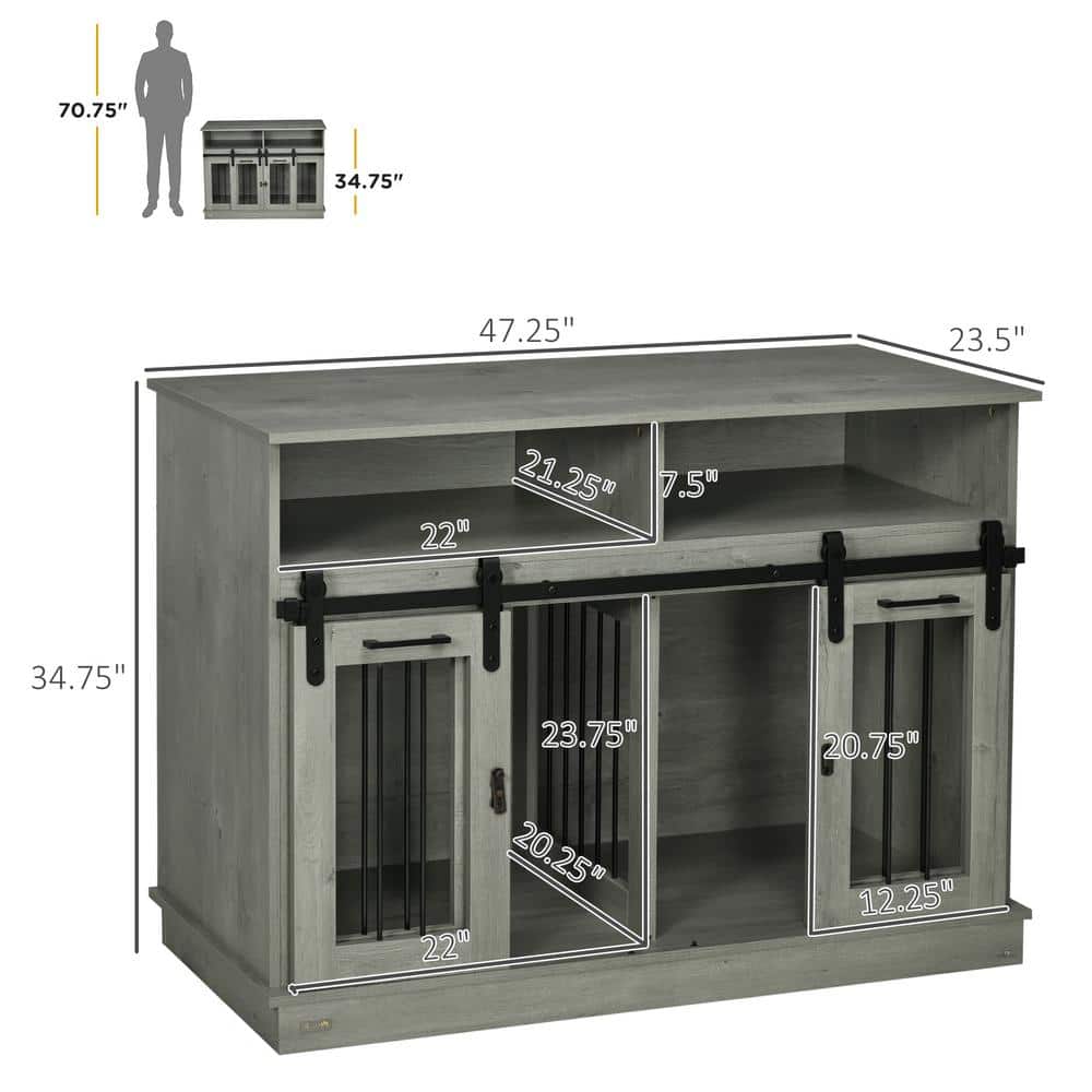 Large Gray Wooden Dog Crate Table with Sliding Doors