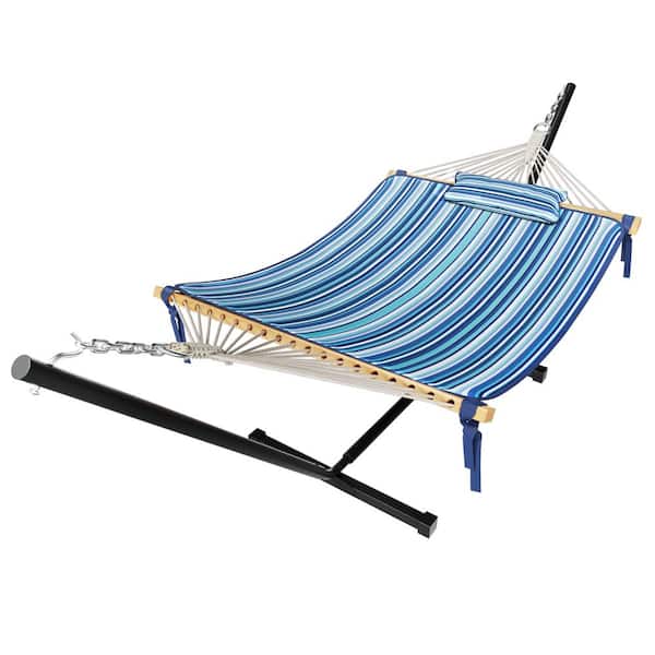 VEIKOUS 12 ft. Quilted 2-Person Hammock Bed with Stand and Detachable Pillow, Blue Stripes