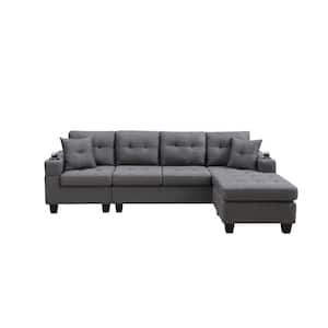 96 in W Square Arms L Shaped polyester fabric Sectional Sofa in Gray