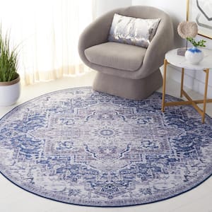 Tucson Navy/Gray 6 ft. x 6 ft. Machine Washable Medallion Floral Distressed Round Area Rug