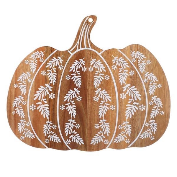13 in. Pumpkin Shaped Wood Brown Acacia Wood Serving Board with Curved Handle and Decorative Design