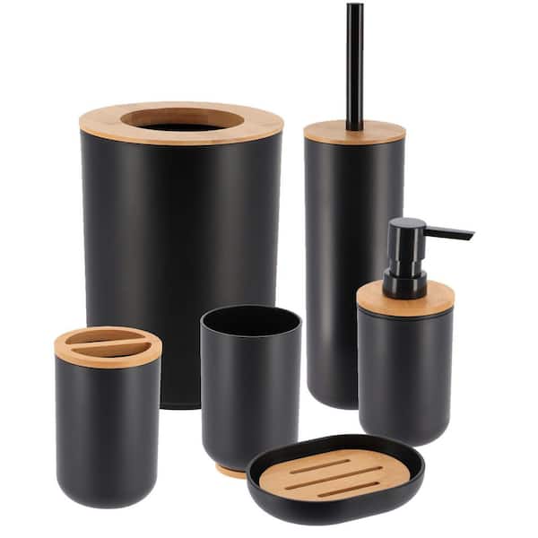 EVIDECO French home goods Padang 6-Pieces Bath Accessory Set with Soap Pump, Tumbler, Soap Dish and Toilet Brush Holder in Black and Bamboo
