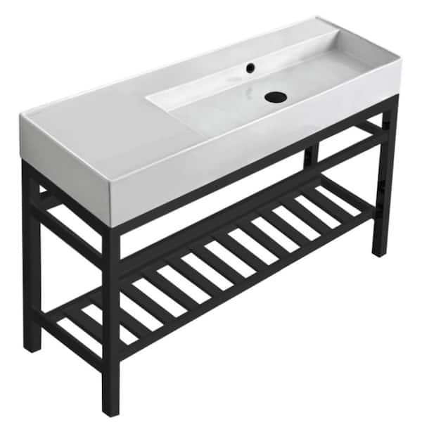 Nameeks Teorema 2-Ceramic White Console Sink and Leg Combo in Matte Black