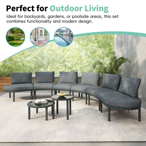 8-Piece Wicker Outdoor Sectional Set with Gray Cushions, Half Moon