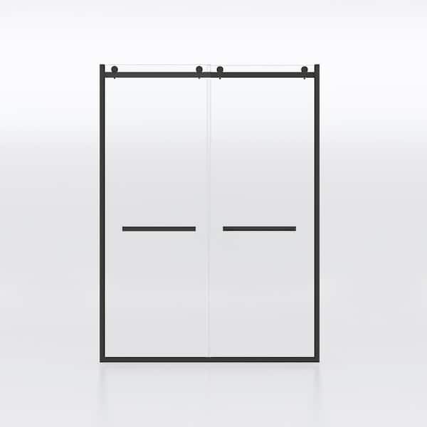 Unbranded 60 in. W x 76 in. H Sliding Semi-Frameless Shower Door in Matte Black Finish with Clear Glass